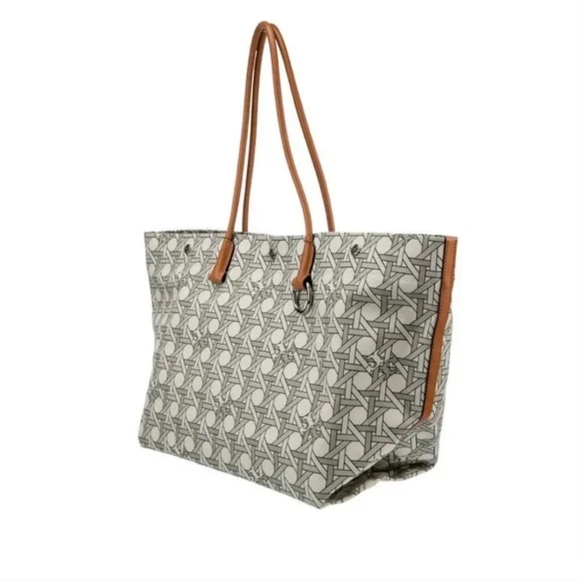 NWT Tory Burch Canvas Basketweave Tote Bag Ivory With Dust Bag - Picture 5 of 7